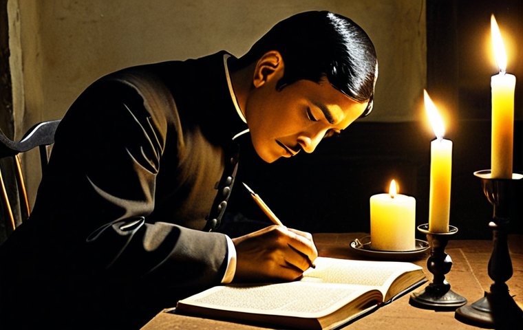 **Image Prompt:** A dramatic, slightly desaturated image depicting José Rizal writing by candlelight. Books are scattered around him, and in the background, shadows hint at Spanish friars and colonial guards. The overall tone should evoke a sense of defiance and intellectual rebellion, emphasizing the power of his pen as a weapon for change.