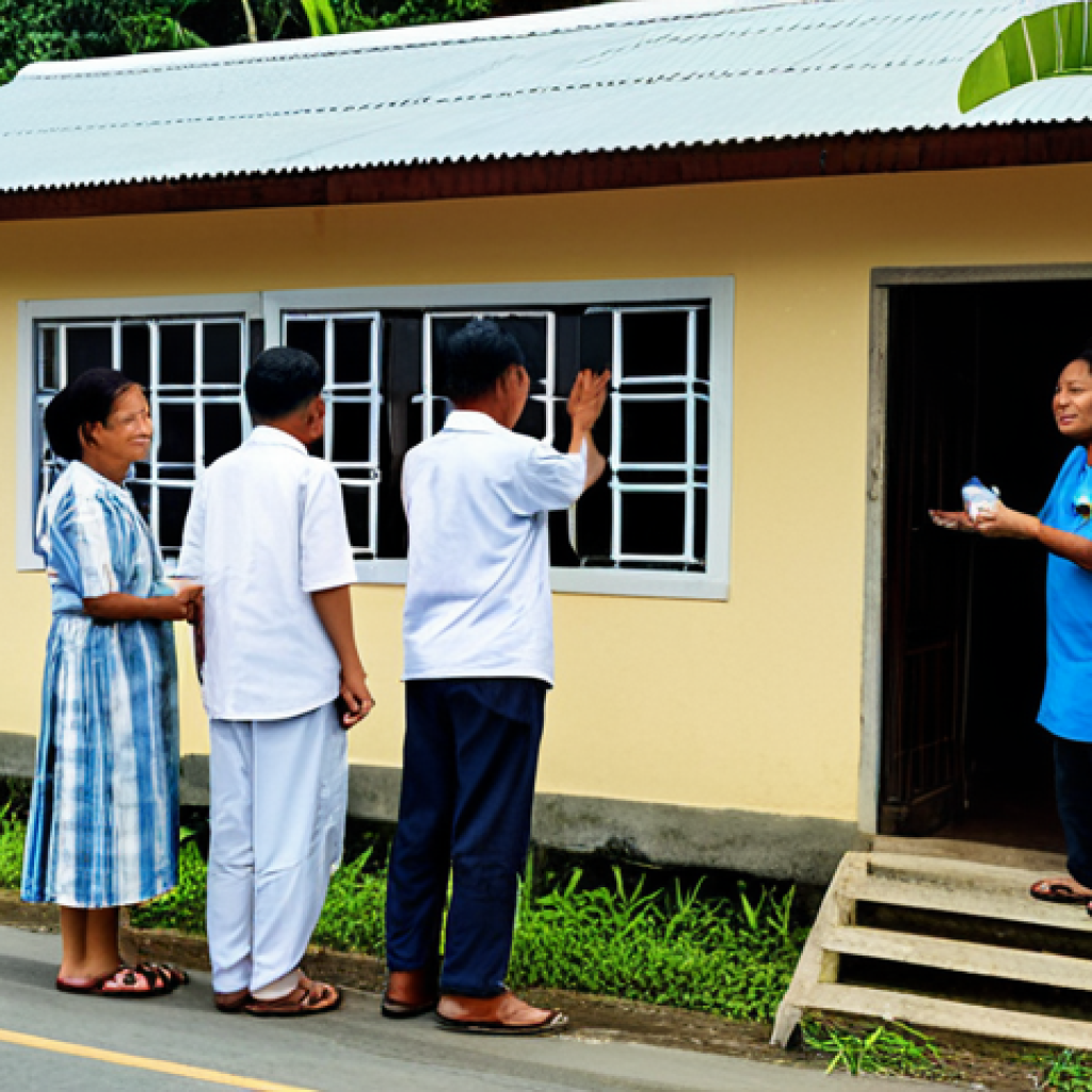 A group of Filipino adults, fully clothed in modest, practical attire, demonstrating community preparedness for typhoon season. One person secures a window, another checks an emergency kit, and a third offers assistance to a neighbor, embodying 'bayanihan' spirit. The scene is a calm, orderly rural Philippine village street under an overcast sky, with traditional wooden houses and lush tropical foliage. Professional photography, high resolution, natural lighting, perfect anatomy, correct proportions, natural pose, well-formed hands, proper finger count, natural body proportions, safe for work, appropriate content, fully clothed, modest, family-friendly.