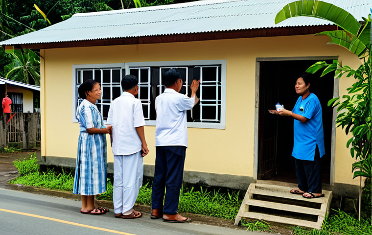 A group of Filipino adults, fully clothed in modest, practical attire, demonstrating community preparedness for typhoon season. One person secures a window, another checks an emergency kit, and a third offers assistance to a neighbor, embodying 'bayanihan' spirit. The scene is a calm, orderly rural Philippine village street under an overcast sky, with traditional wooden houses and lush tropical foliage. Professional photography, high resolution, natural lighting, perfect anatomy, correct proportions, natural pose, well-formed hands, proper finger count, natural body proportions, safe for work, appropriate content, fully clothed, modest, family-friendly.