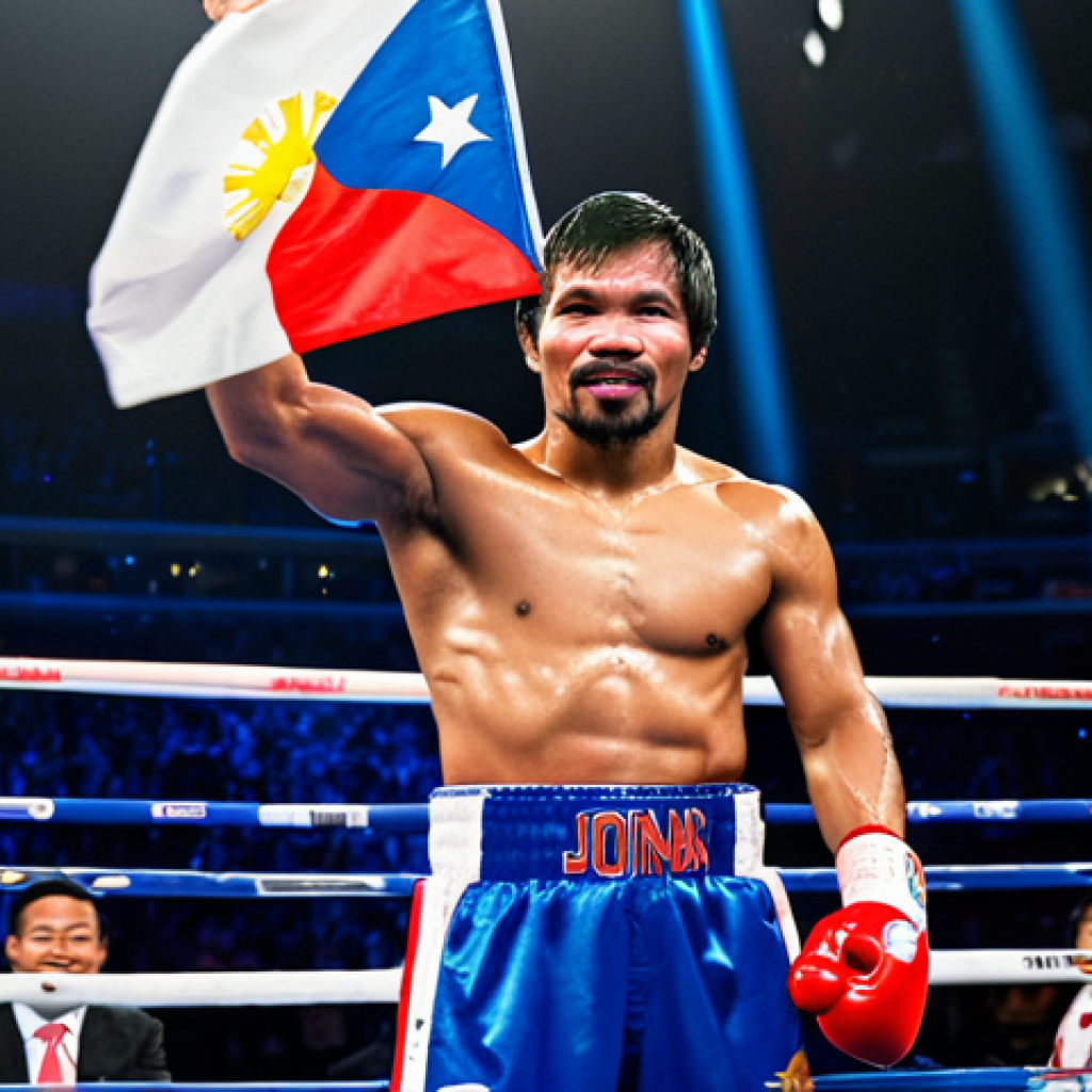 **Prompt:** Manny Pacquiao, fully clothed in professional boxing attire, raising his gloves in victory after a fight, surrounded by cheering fans in a vibrant arena, Philippine flag waving in the background, action shot, dynamic lighting, appropriate content, safe for work, perfect anatomy, natural proportions, professional photograph, high quality.