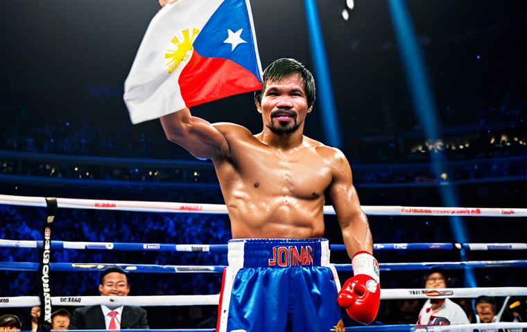 **Prompt:** Manny Pacquiao, fully clothed in professional boxing attire, raising his gloves in victory after a fight, surrounded by cheering fans in a vibrant arena, Philippine flag waving in the background, action shot, dynamic lighting, appropriate content, safe for work, perfect anatomy, natural proportions, professional photograph, high quality.