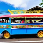 필리핀 대중교통 가이드 - **Vibrant Jeepney Ride through a Philippine City**
    A wide-angle, dynamic shot of a traditional, ...