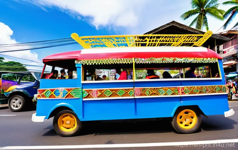필리핀 대중교통 가이드 - **Vibrant Jeepney Ride through a Philippine City**
    A wide-angle, dynamic shot of a traditional, ...