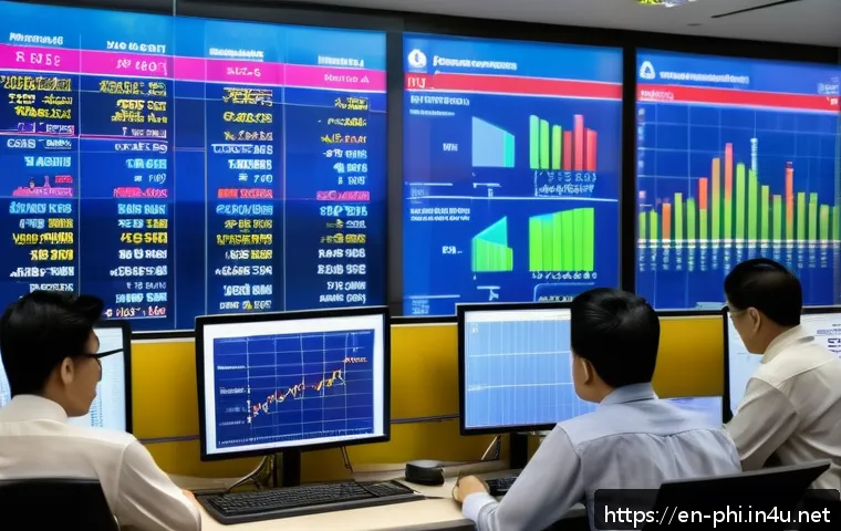 필리핀 화폐 환율 정보 - A detailed financial office scene showing a diverse group of professionals analyzing Philippine peso...