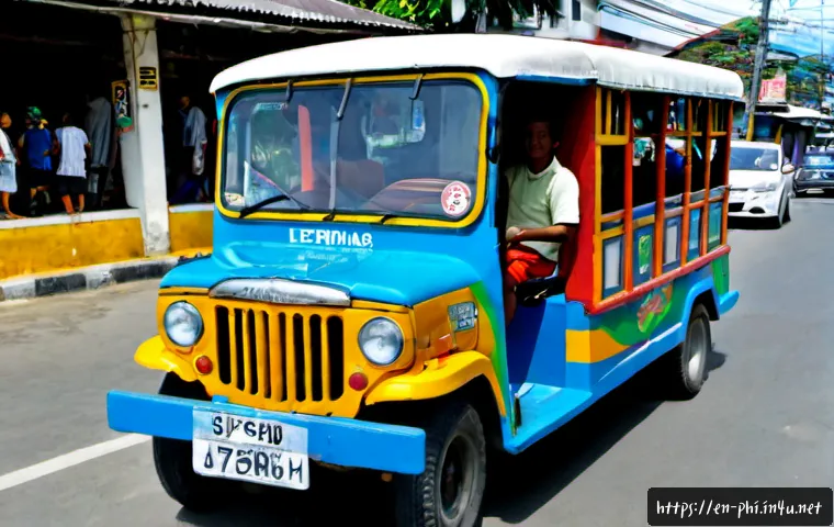 Home 17 필리핀 지프니 이용법 - Photorealistic travel scene in Manila, Philippines: a cheerful international traveler boarding a bri...