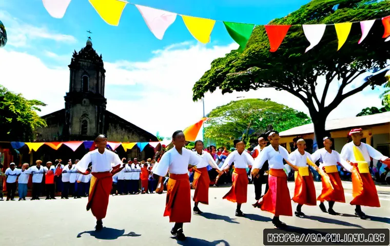 필리핀 바탕가스 축제 - Photorealistic Batangas, Philippines town fiesta parade, Filipino folk dancers in vibrant traditiona...